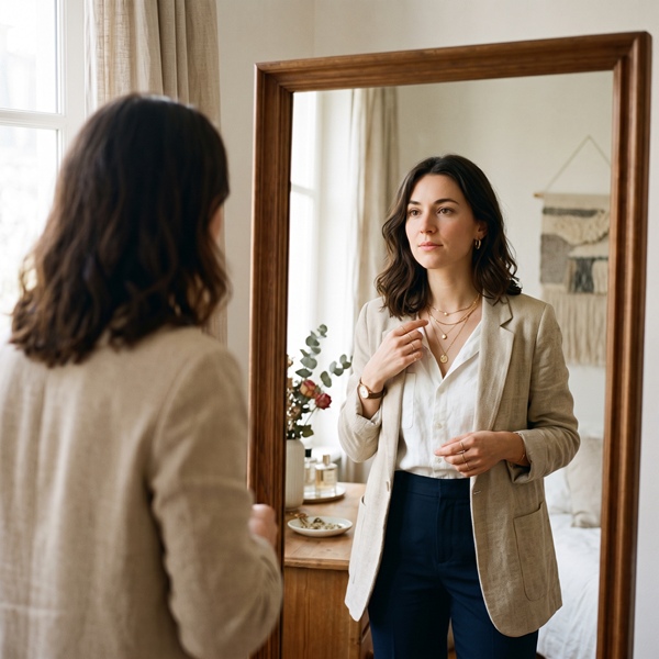 Mujer revisando frente al espejo si su joyería está equilibrada