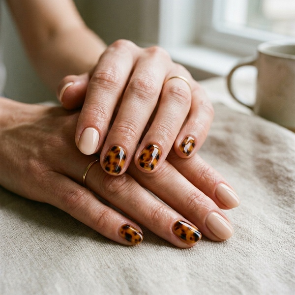 Manicura con uñas carey combinadas con tonos neutros