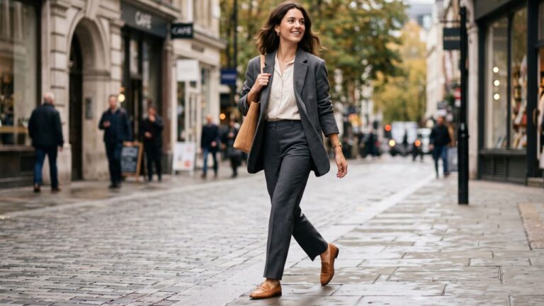 Mujer con look estilizado y zapatos planos