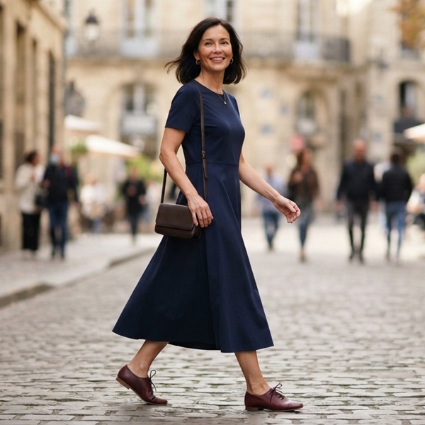 Mujer con vestido azul y jazz shoes café
