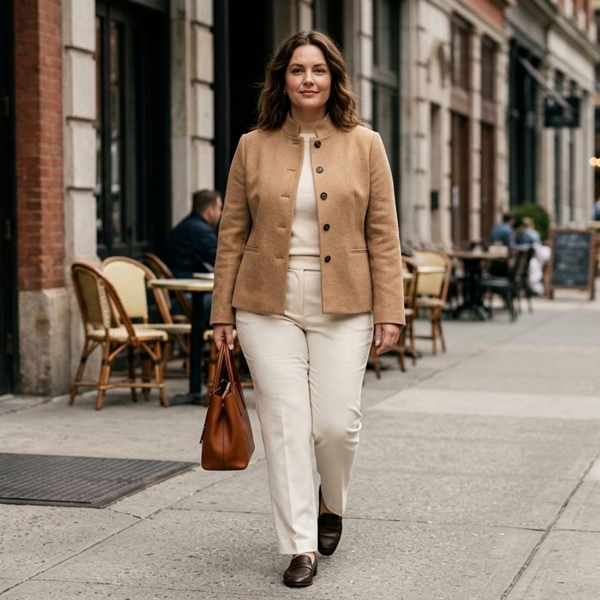 Band jacket camel para un efecto militar sutil 