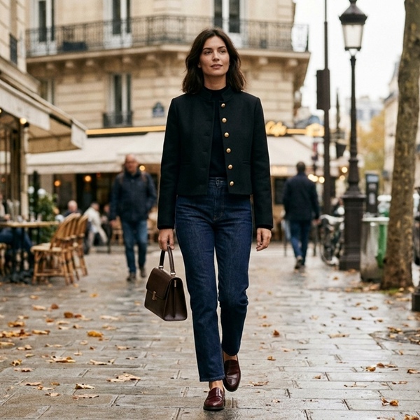 Look casual con band jacket y jeans oscuros