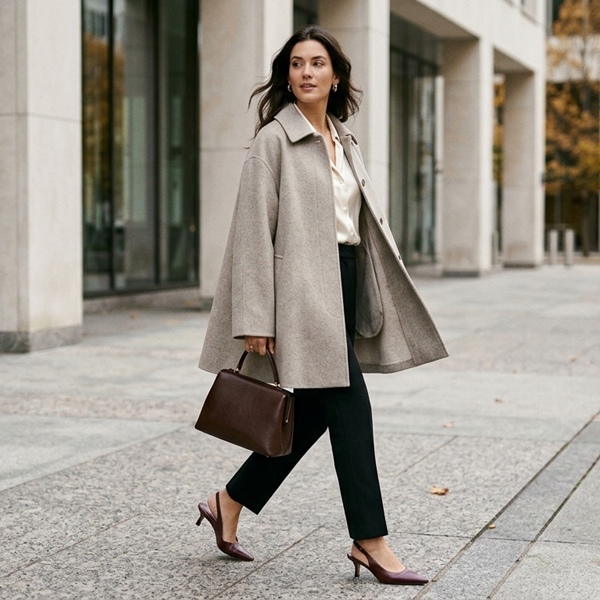Look profesional con abrigo trapecio gris y pantalón de vestir