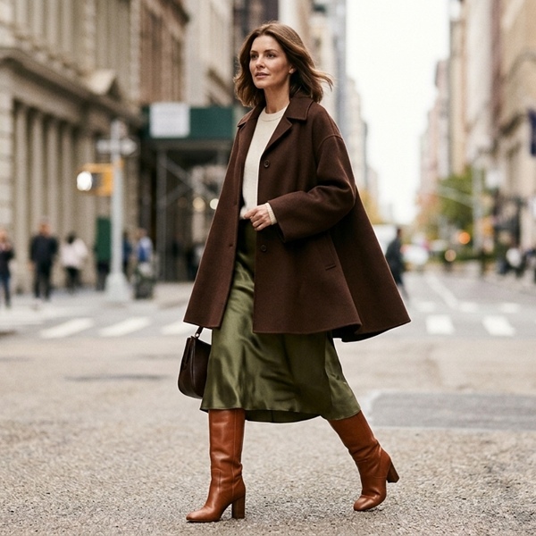 Look urbano con falda midi satinada y abrigo trapecio chocolate