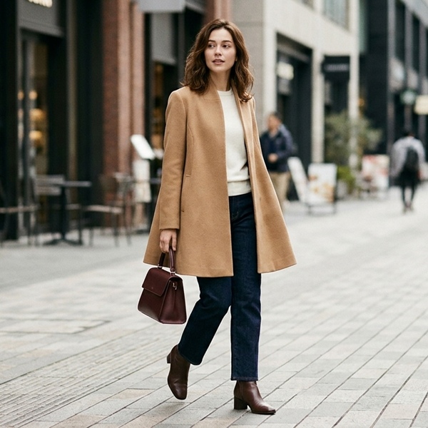 Look casual con abrigo trapecio camel y jeans