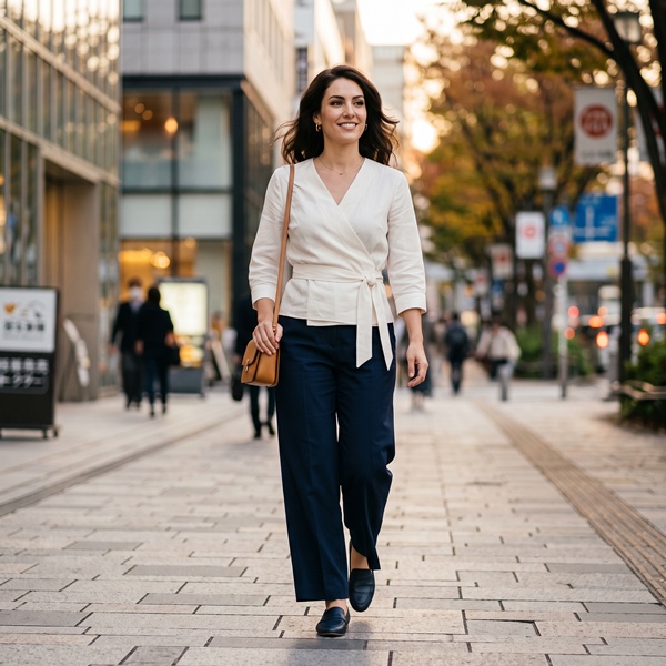 Blusa cruzada de inspiración japonesa con pantalón de tiro alto