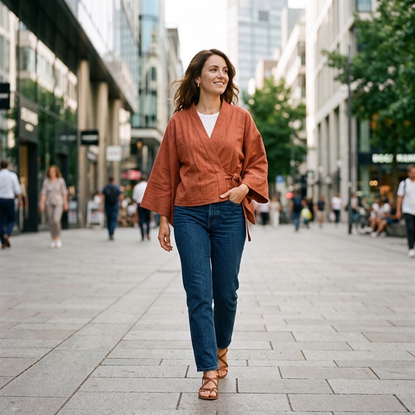 Chaqueta tipo kimono con camiseta blanca y jeans rectos