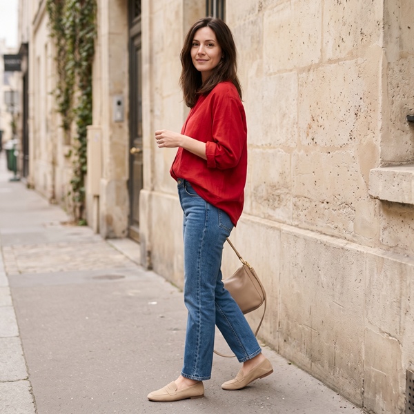 Mujer con suéter rojo, jeans azules, bolso beige y zapatos neutros que equilibran el color protagonista