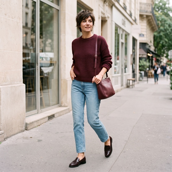 Mujer con suéter borgoña, jeans claros y accesorios en tonos vino que muestran distintas intensidades del mismo color