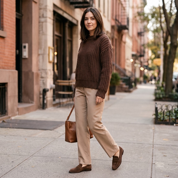 Mujer con suéter marrón de punto, bolso de cuero y zapatos de ante en tonos café, combinados con pantalón beige