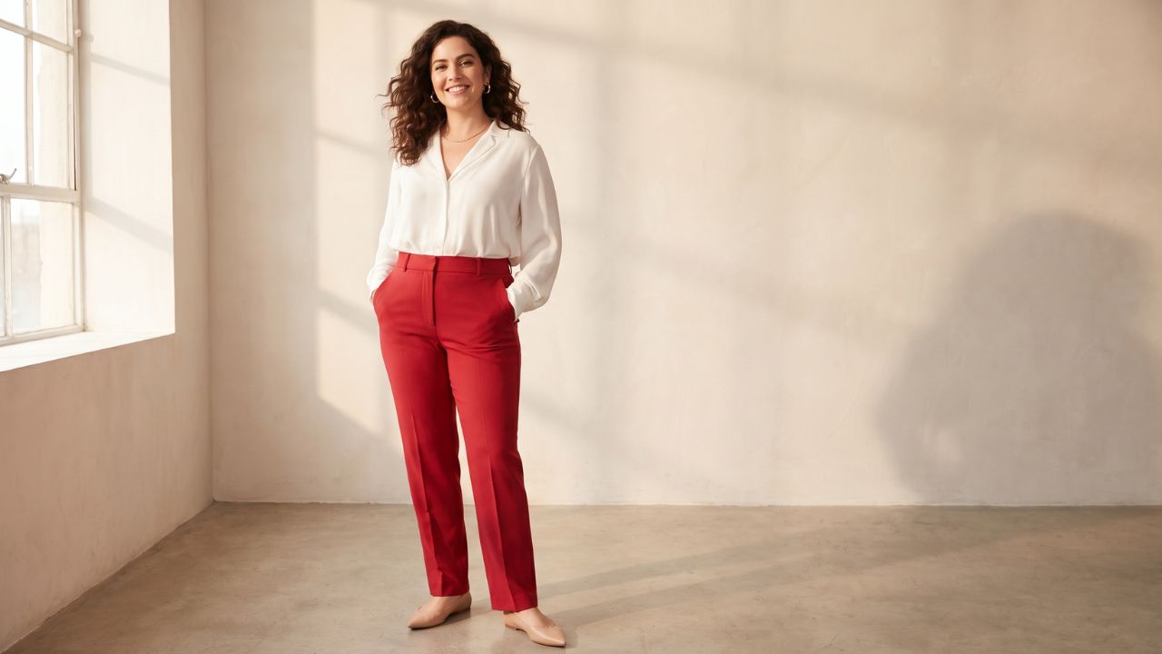 Mujer con pantalón rojo y blusa blanca mostrando cómo combinar el color rojo