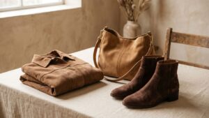 Botines, bolsa y chamarra de gamuza en tonos café y camel para el otoño