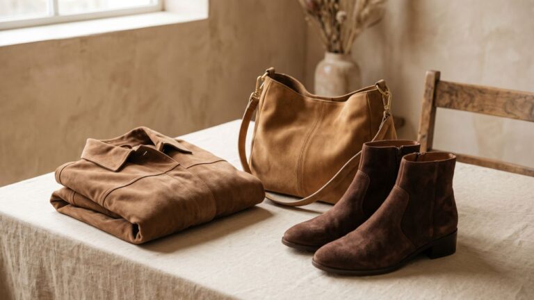 Botines, bolsa y chamarra de gamuza en tonos café y camel para el otoño