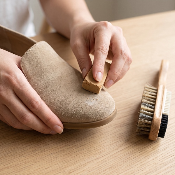 Goma especial para tratar una mancha superficial en un zapato de gamuza beige