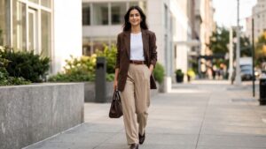 Mujer con blazer marrón, top blanco y pantalón beige, combinados con bolso de cuero café