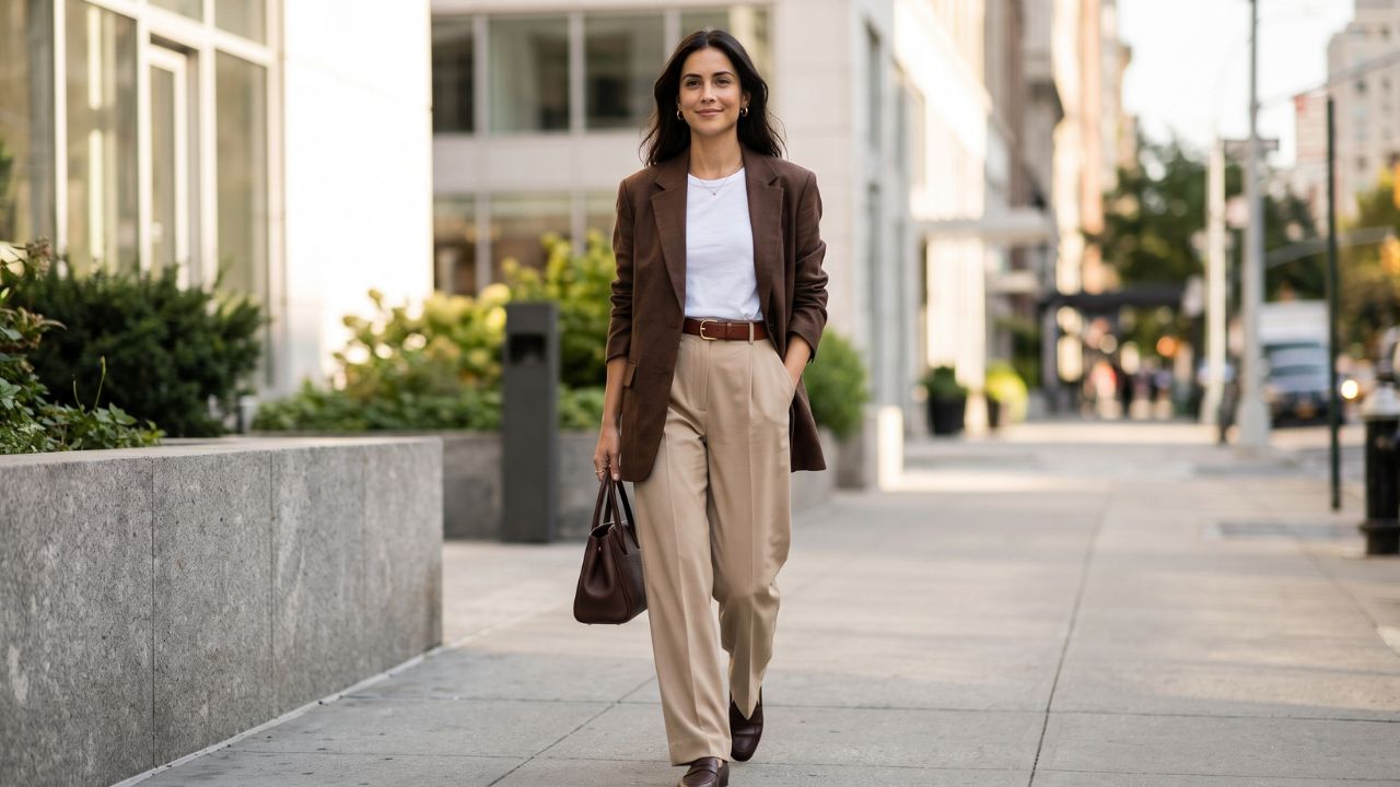 Mujer con blazer marrón, top blanco y pantalón beige, combinados con bolso de cuero café