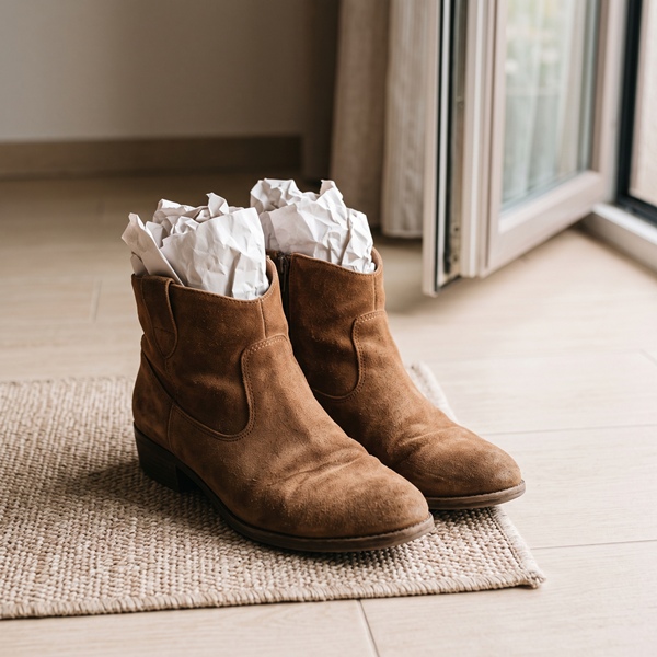Botines de gamuza que se secan al aire con papel blanco en su interior