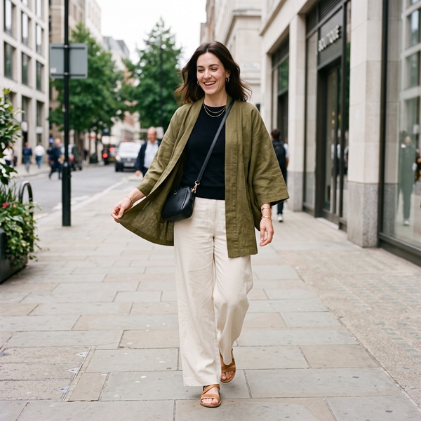 Haori contemporáneo combinado con top negro y pantalón amplio