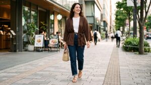 Mujer con chaqueta tipo kimono y jeans en un look de inspiración japonesa