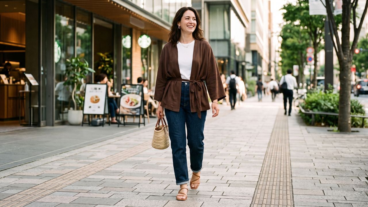 Mujer con chaqueta tipo kimono y jeans en un look de inspiración japonesa