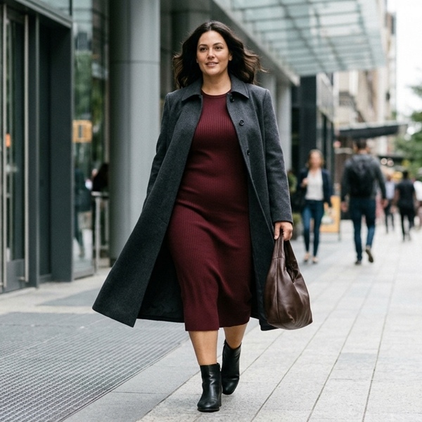 Look urbano y femenino con abrigo trapecio y vestido de punto