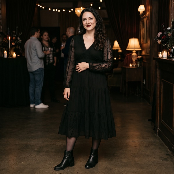 Mujer con vestido negro midi de mangas transparentes, botines y joyería plateada para Halloween