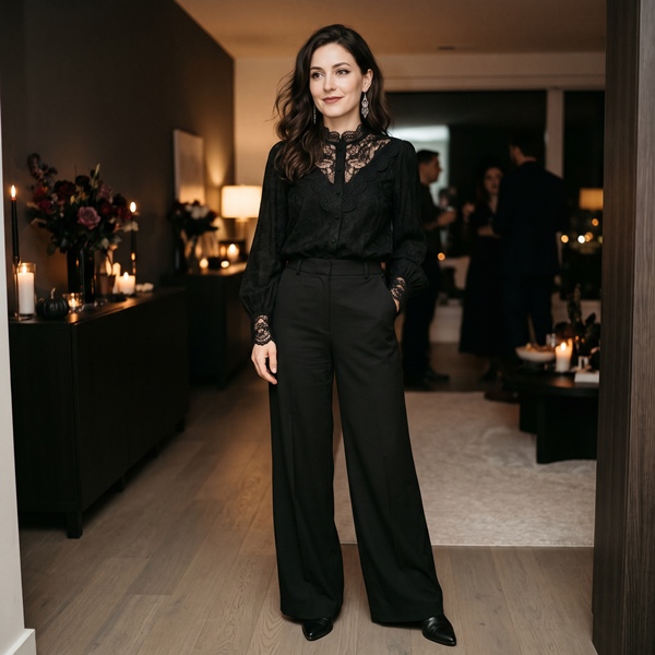 Mujer con pantalón negro de pierna amplia, blusa de encaje, zapatos puntiagudos y pendientes plateados