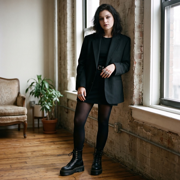 Mujer con vestido negro corto, blazer estructurado, medias negras y botas de plataforma para Halloween