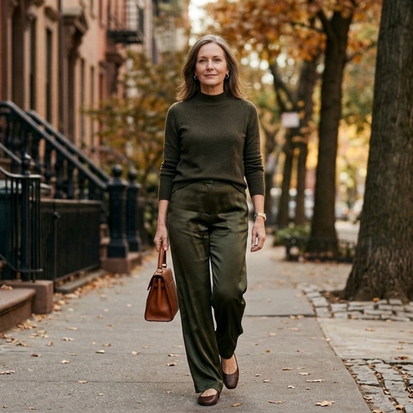 Look monocromático con pantalones satinados