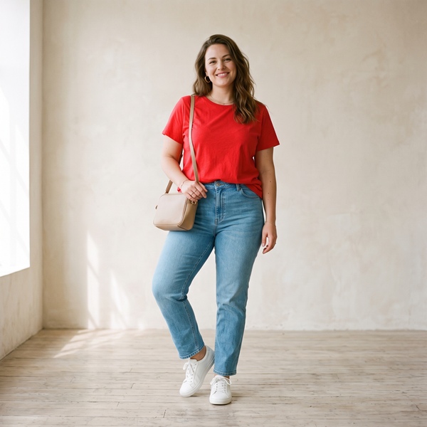 Look casual con camiseta roja y jeans azul celeste