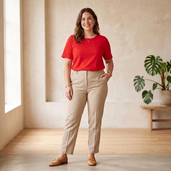 Look cálido con top rojo y pantalón beige
