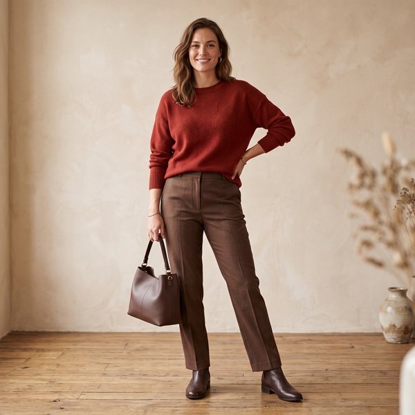 Look cálido con suéter rojo y pantalón color chocolate