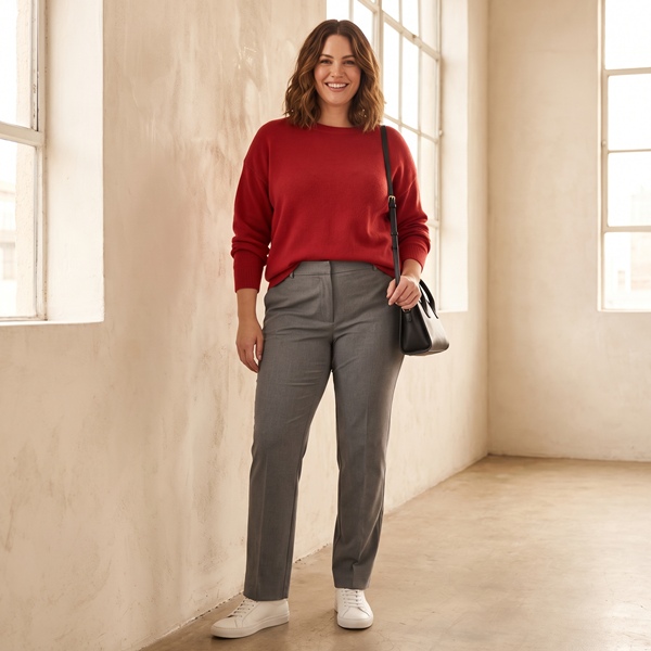 Look moderno con suéter rojo y pantalón gris