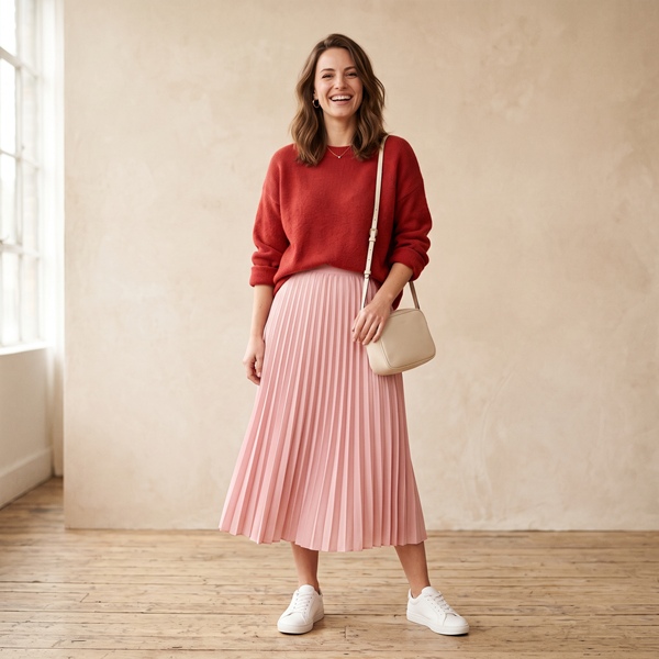 Look femenino con suéter rojo y falda rosa