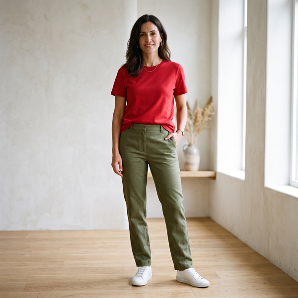 Look con camiseta roja y pantalón verde oliva