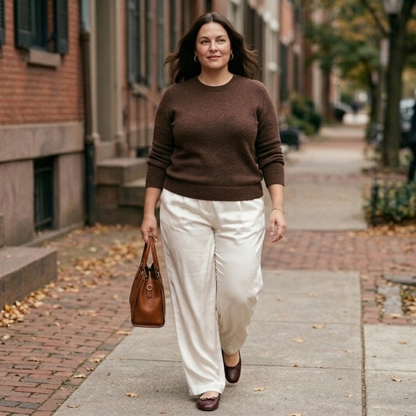 Look otoñal con pantalones satinados claros y suéter tejido