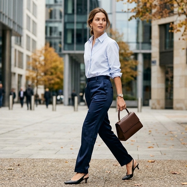 Look profesional con pantalones satinados azul marino y camisa clásica