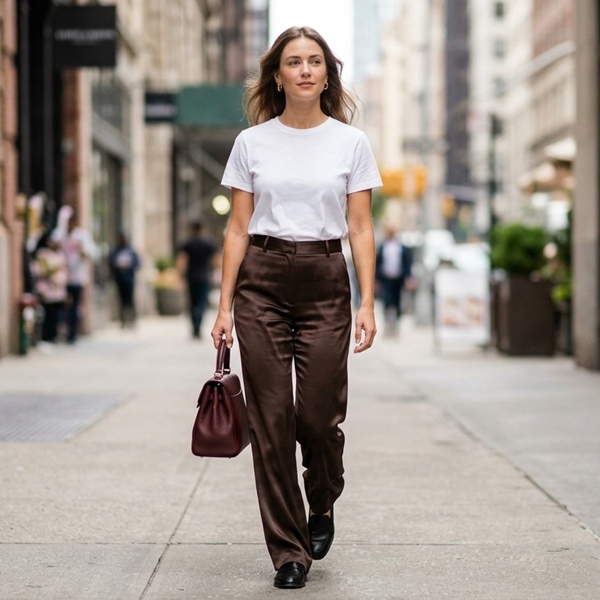 Look  casual con pantalón satinado café y camiseta blanca