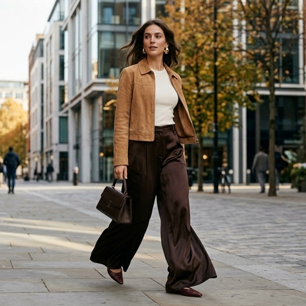 Look urbano con pantalones satinados café y chamarra corta de gamuza