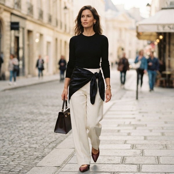 Look moderno con pañuelo sobre pantalón amplio de seda