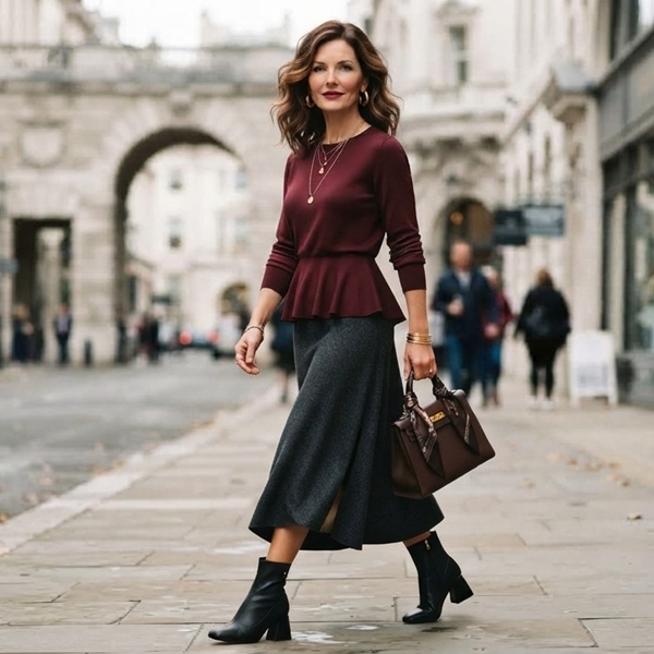 Look urbano con peplum, falda midi y botines 