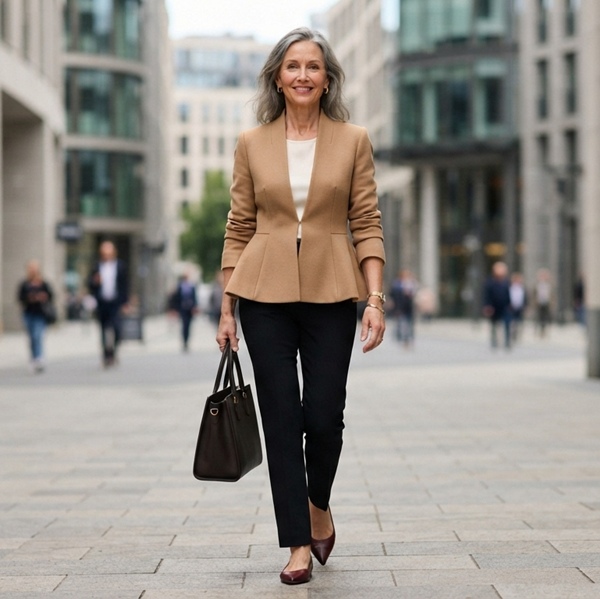 Look profesional con chaqueta peplum color camel 