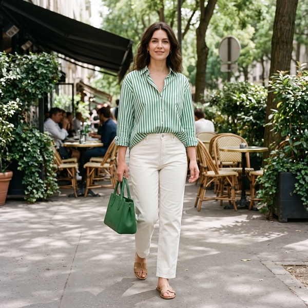Mujer con camisa de rayas verdes y blancas, pantalón blanco y bolso verde que retoma uno de los colores del estampado