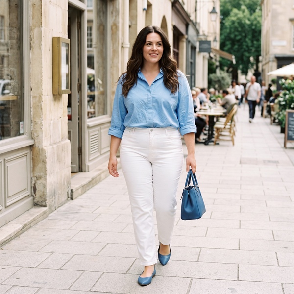 Mujer con camisa azul claro, pantalón blanco, bolso azul y zapatos azules que repiten el color en dos puntos del outfit
