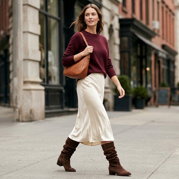 Look femenino con slouchy boots y falda midi