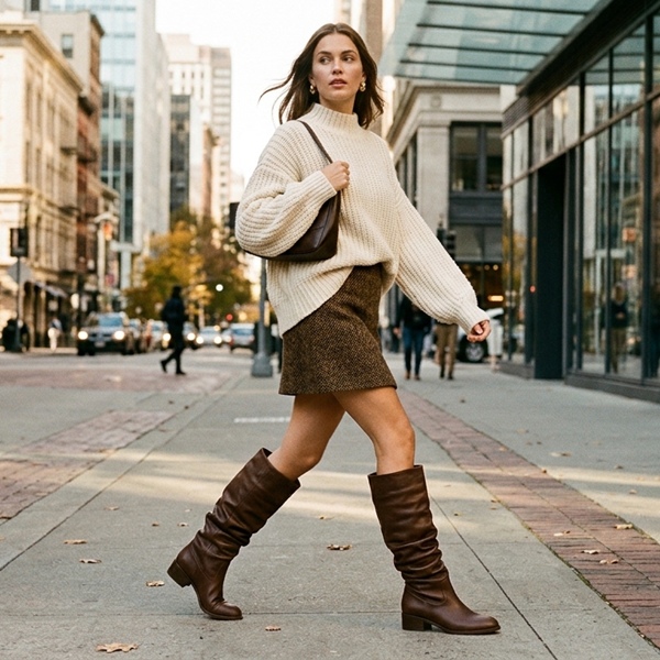 Look femenino y urbano con falda corta amplia y slouchy boots