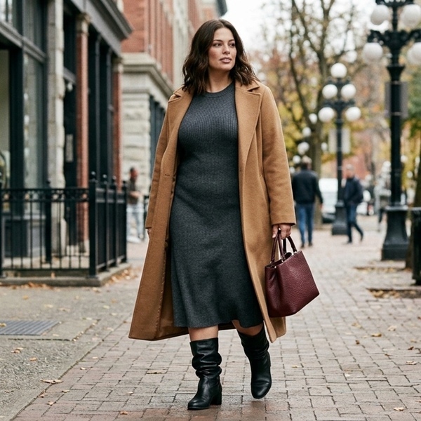 Look de otoño con slouchy boots y vestido de punto largo