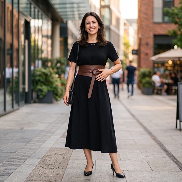 Vestido midi negro con cinturón ancho inspirado en el obi