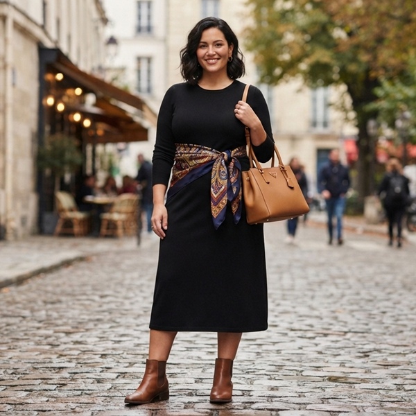 Look femenino con un vestido sencillo y un pañuelo en la cintura